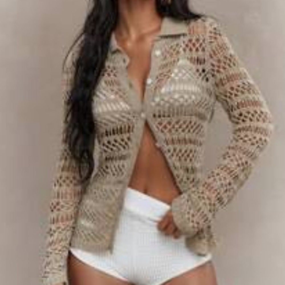 Beige Crochet Button-Up Cardigan
